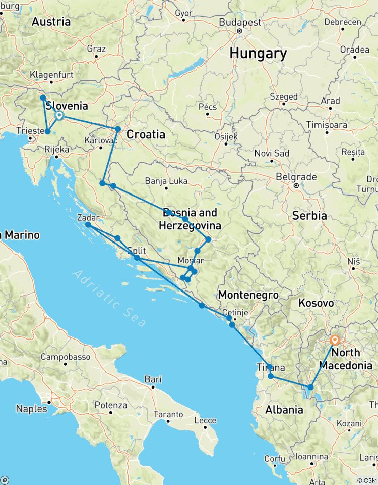 Circuito Viaje privado de 15 días por los Balcanes -Eslovenia Croacia Bosnia Montenegro Albania N. Macedonia
