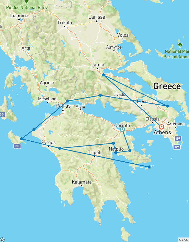 Circuit privé de 6 jours dans le mythique Péloponnèse, Delphes, Météores, Hydra et l\'île de Zante circuit