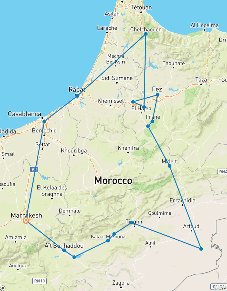 10 Tage Reise ab Marrakesch, Fes, Chefchaouen , Luxus-Wüstencamp Rundreise