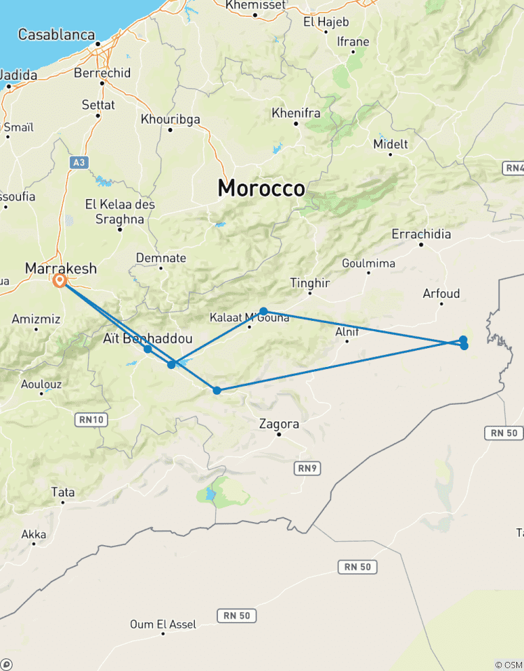 Circuit privé de 5 jours au Maroc depuis Marrakech jusqu\'au luxueux camp du désert du Sahara de l\'Erg Chebbi circuit