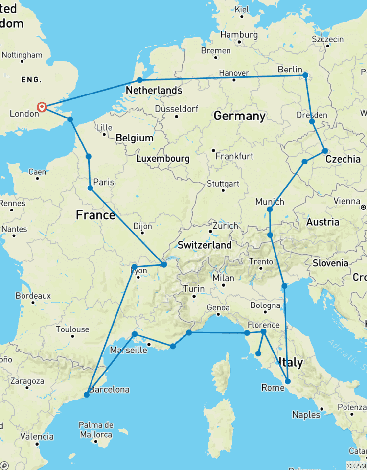 Escapade européenne (formule standard, été, départ de Londres) circuit