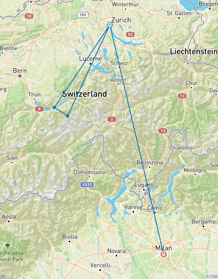 7 Day Zurich And Milan By Train including Grindelwald and Interlaken Tour