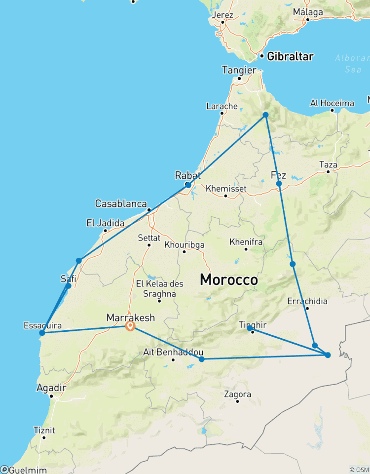 Circuit de 15 jours de Marrakech à Chefchaouen, villes impériales et camp de luxe dans le désert de l\'Erg Chebbi circuit