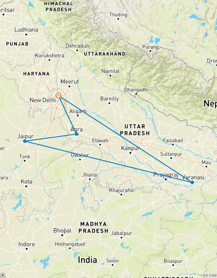 Circuito El Triángulo de Oro de la India (Delhi, Agra, Jaipur) y el epicentro espiritual, Benarés.