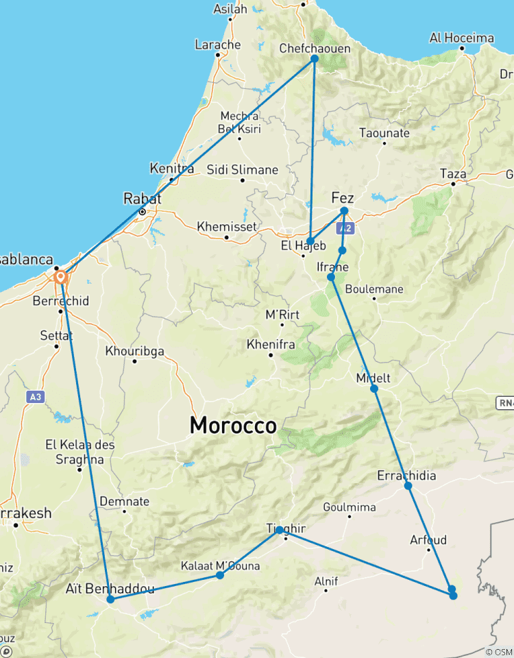 Circuito Circuito Privado de 6 Días de Casablanca a Chefchaouen , Fes ,Marrakech y el Desierto del Sahara Merzouga, Campamento de Lujo en el Desierto