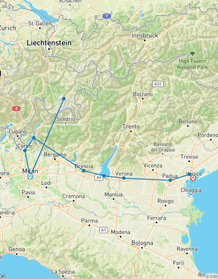 Lacs, lagunes et montagnes : Lacs de Côme et de Garde, train de la Bernina et Venise. Circuit en petit groupe circuit