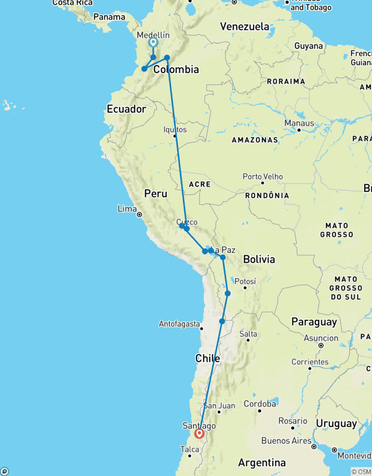 21 Tage Kolumbien, Peru, Bolivien & Chile mit Inka-Pfad & Bolivien Salzwüste Rundreise