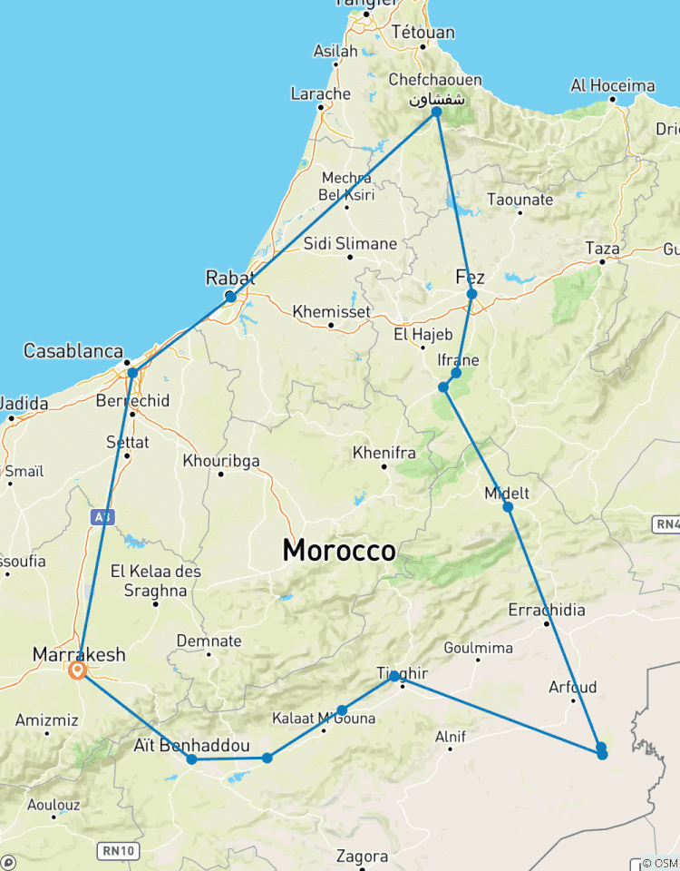 Circuit de 9 jours dans le désert et les villes impériales du Maroc - De Marrakech à la Perle Bleue circuit