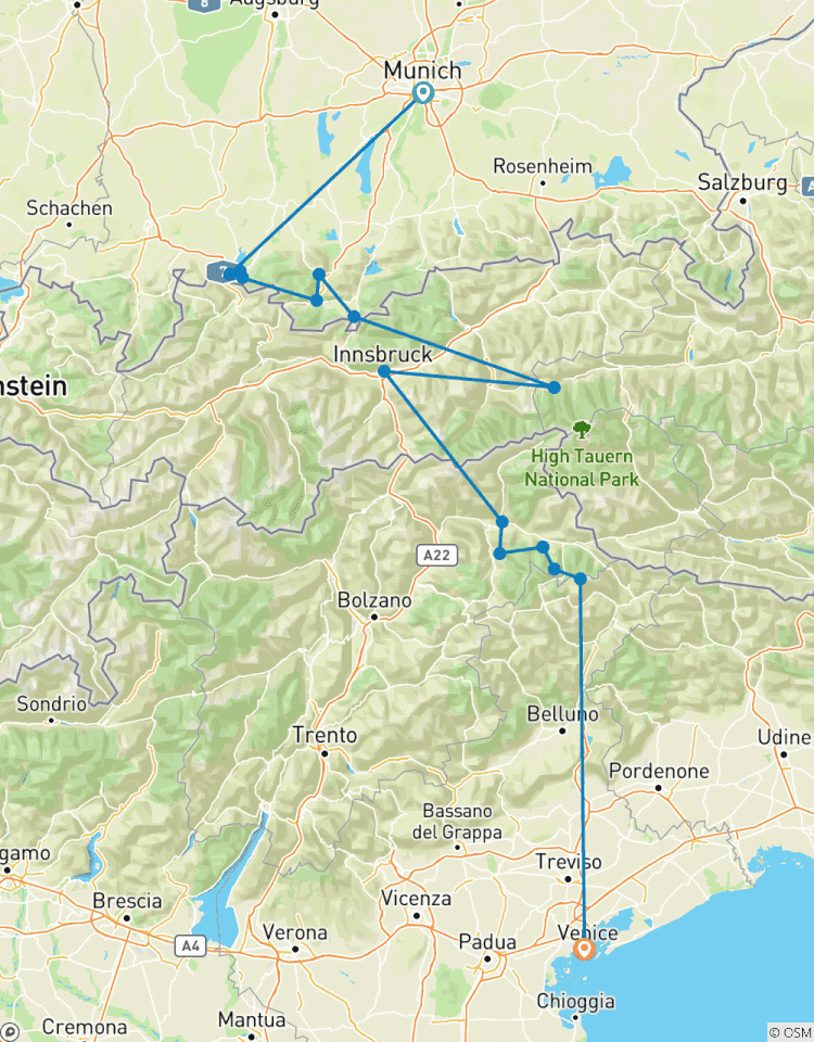 Von München nach Venedig: eine Reise über die Alpen Rundreise
