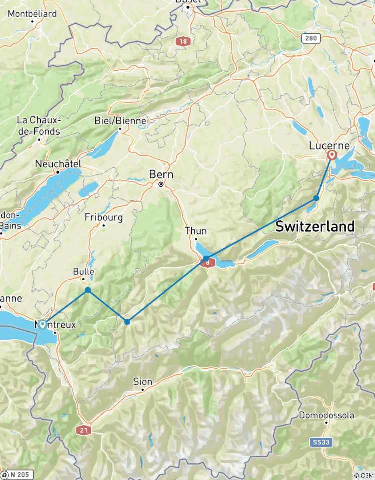 Vacances à vélo Route des lacs Vevey - Lucerne circuit