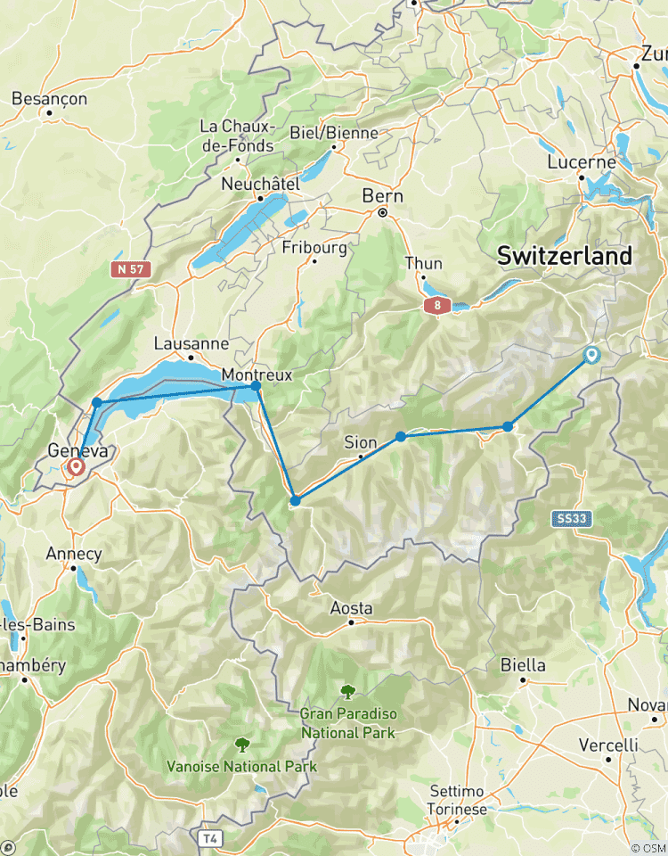Vacances à vélo Route du Rhône Oberwald/Obergesteln - Genève circuit