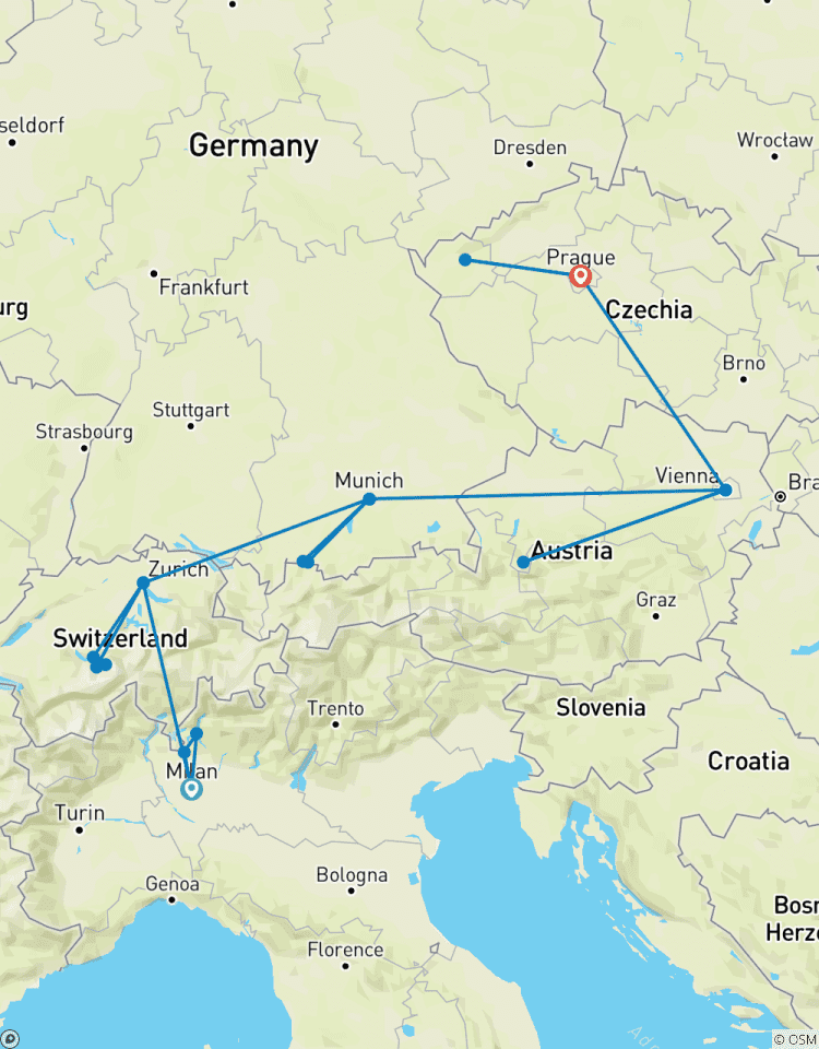 11 Tage Europa mit dem Zug: Von Mailand nach Prag über Zürich, München und Wien Rundreise