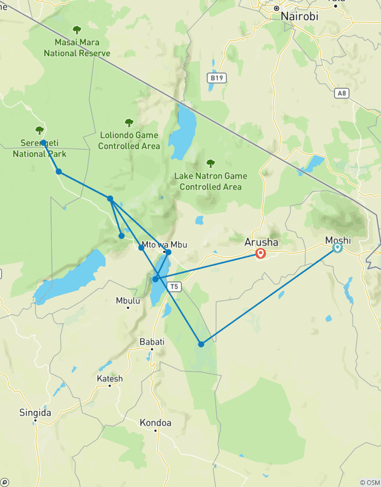 Safari moyen de gamme de 8 jours à Tarangire, migration du Serengeti, Ngorongoro et lac Manyara circuit