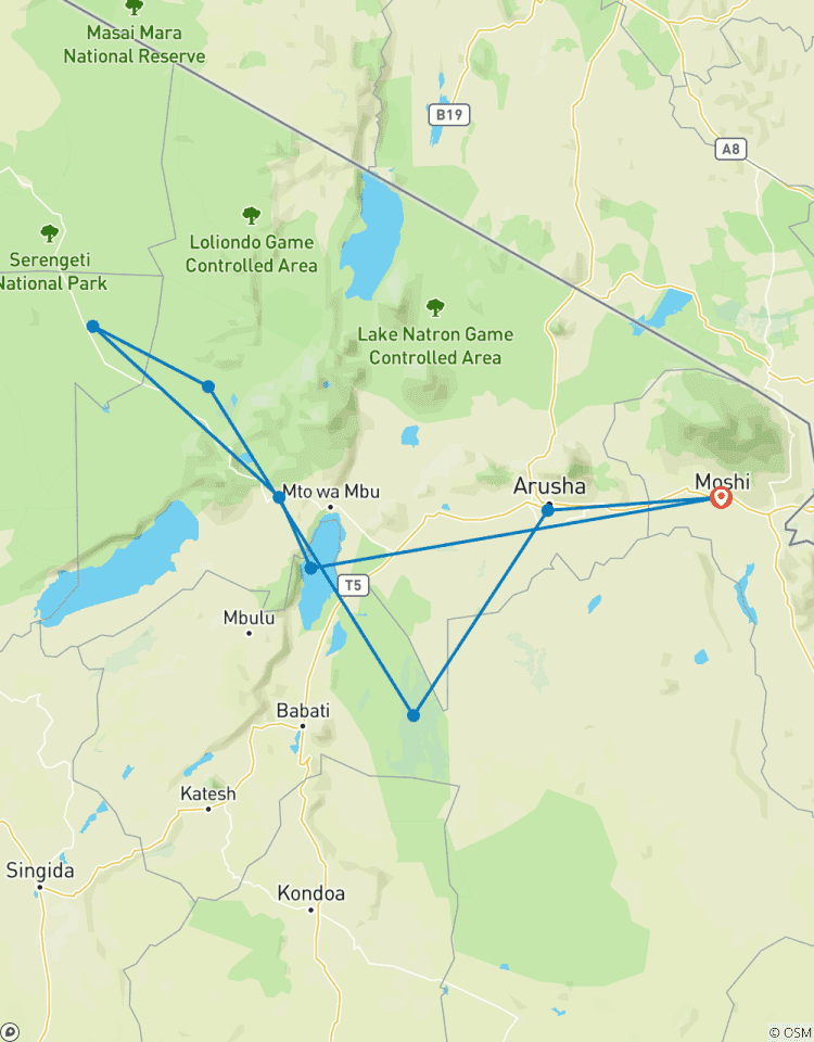 Safari de 5 jours dans les parcs nationaux du Tarangire, du Serengeti, du Ngorongoro et de Manyara circuit