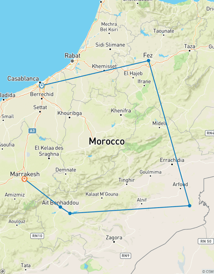La collection marocaine : Découvrez Casablanca, Fès, Merzouga, Ouarzazate, Aït Benhaddou, les montagnes de l\'Atlas et Marrakech en 8 jours. circuit