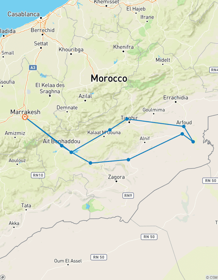 Circuito DESDE MARRAKECH: Excursión de 3 días por el desierto Ait Ben Haddou - Gargantas del Dades - Gargantas del Todra - Merzouga - Erg Chebbi