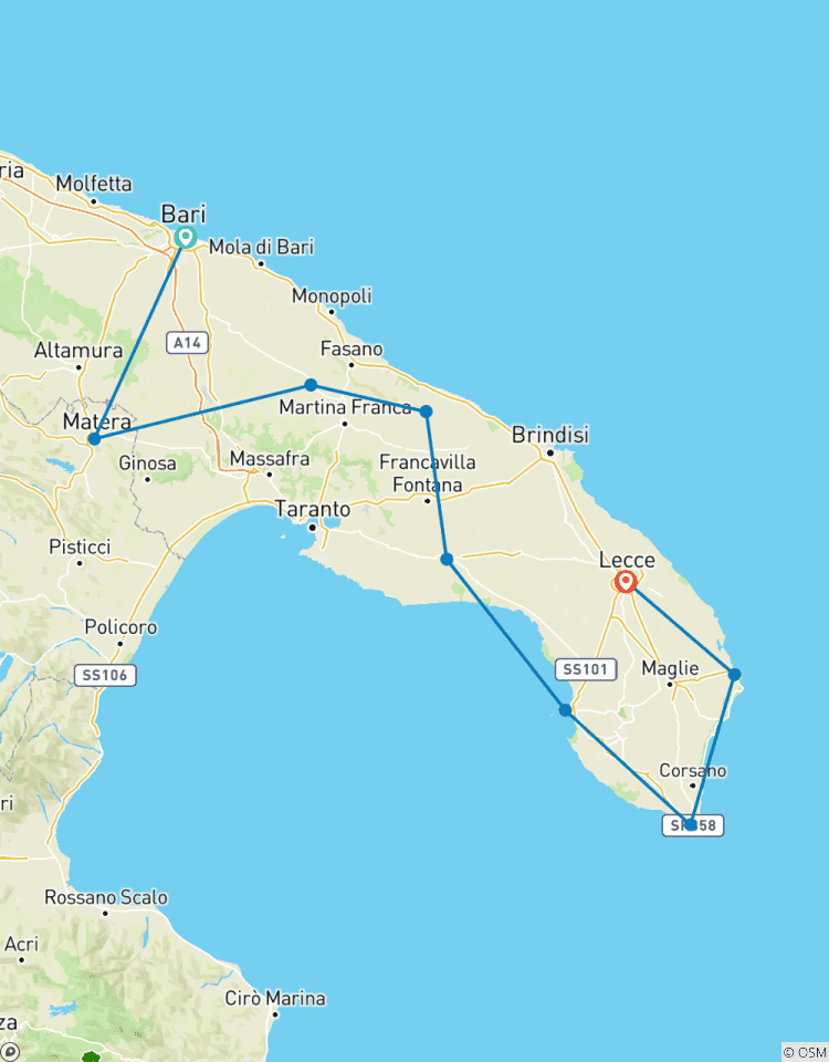Circuit à vélo dans les Pouilles, de Matera à Lecce circuit