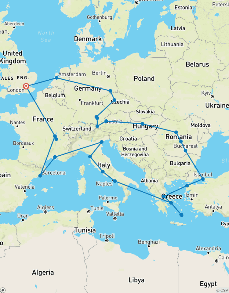 Ultimate European (plus les îles grecques, départ de Londres) circuit