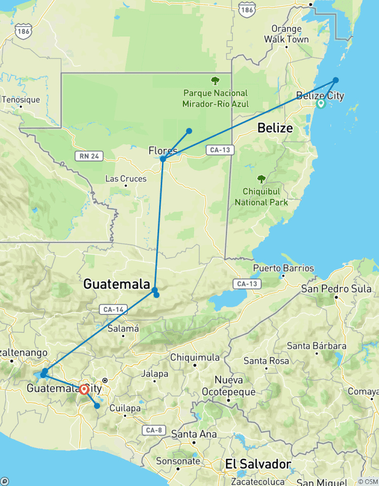 Circuito Inicia en Ciudad de Belice acaba en Ciudad de Guatemala