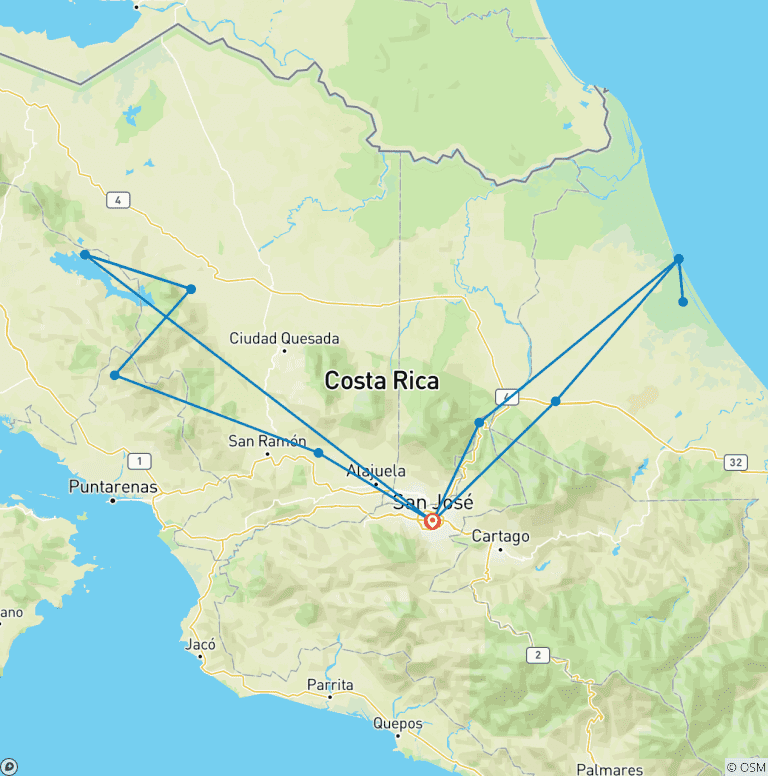 Map of Costa Rica Adventure (Tortuguero Extension)
