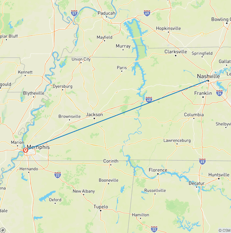 Map of Music Cities: Nashville & Memphis