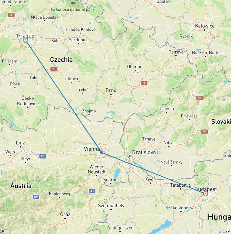 Map of Prague, Vienna & Budapest