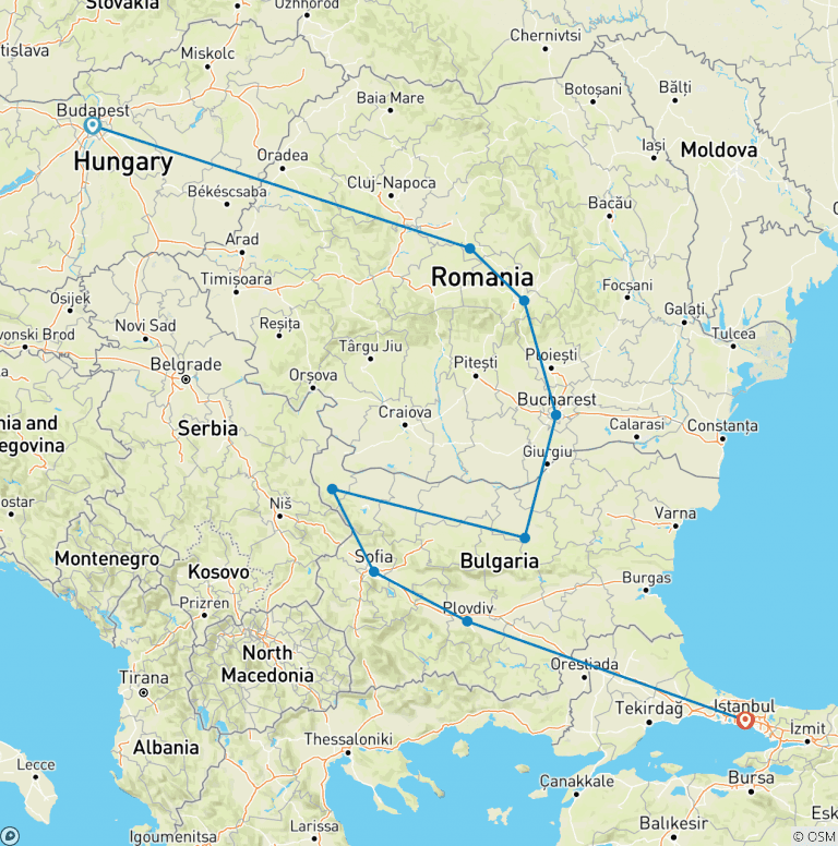 Map of Budapest to Istanbul