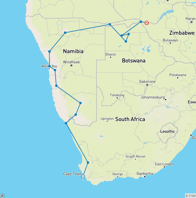 Map of Cape Town to Victoria Falls 2026 - Explorer & Classic Tours