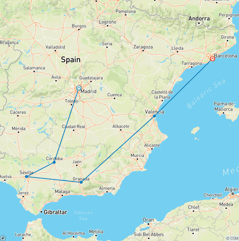 Map of 9-Day tour From Madrid to Barcelona through Andalusia and the Mediterranean Coast