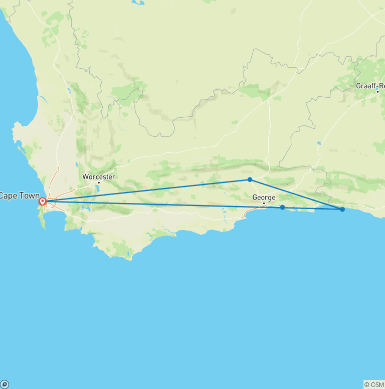 Map of 3 Day Garden Route Big 5 & Bungy Safari Tour (Return)