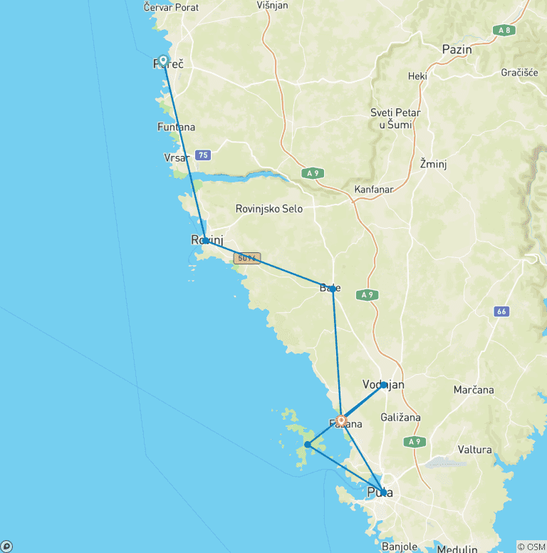Map of Coastal Croatia: Porec to Pula Cycling