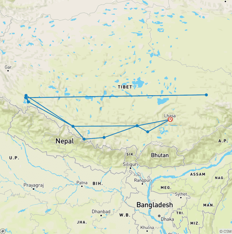 Map of 17 Days Kailash Manasarovar Full Moon Tour & Guge Kingdom Exploration