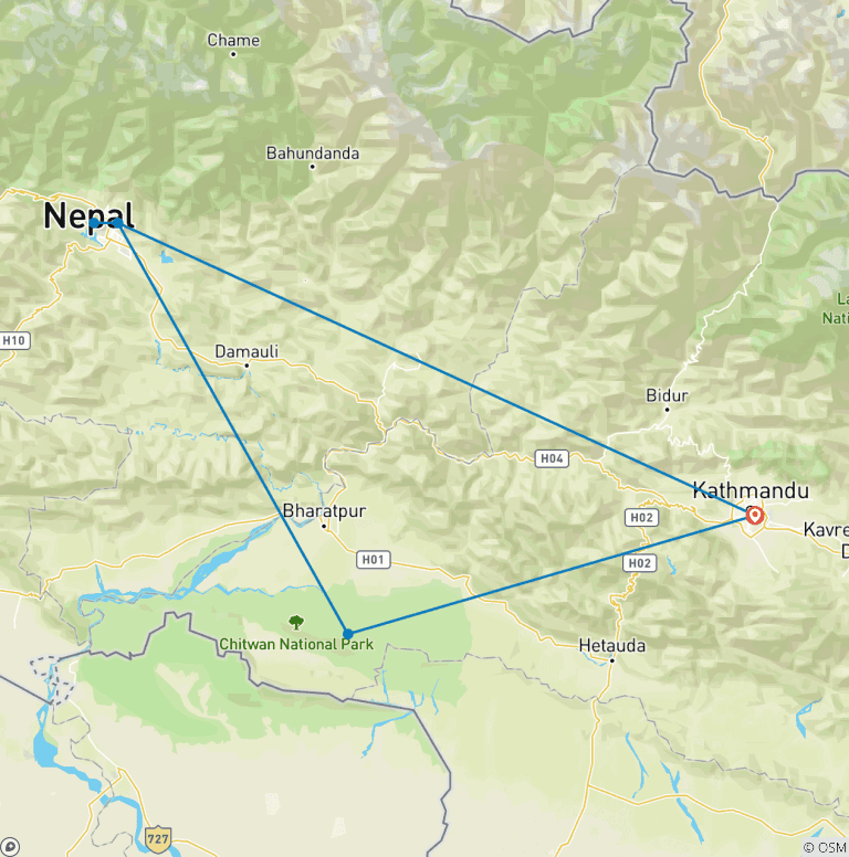 Map of 9 Night / 10 Days Nepal Chitwan Safari & Annapurna Sunrise Mountain View Trekking