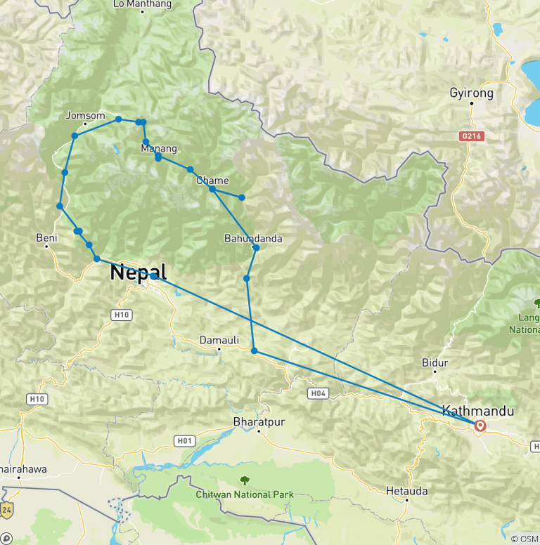 Map of Classic Annapurna Circuit Trek -21 Days
