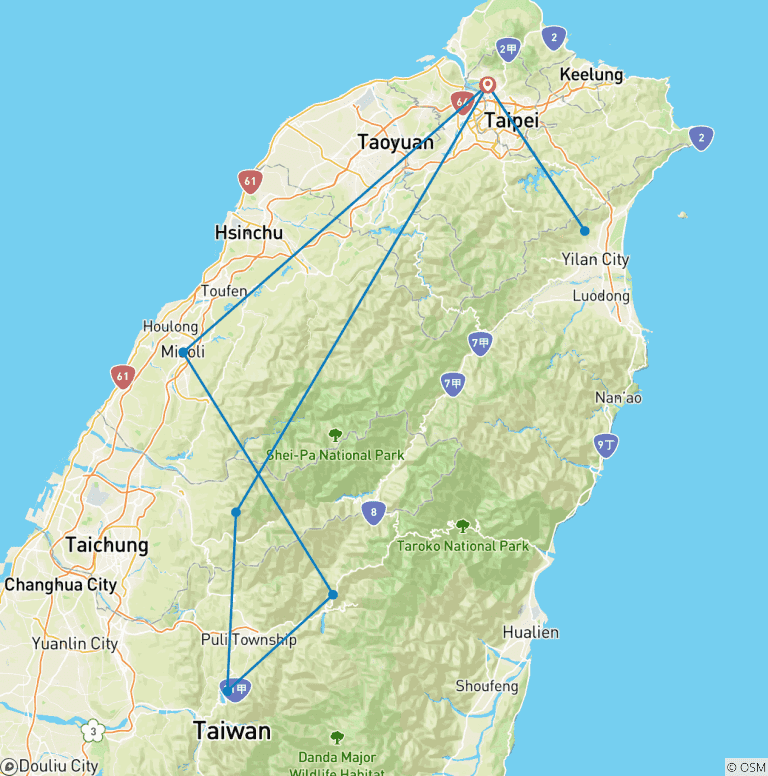 Map of 5-day Taiwan Family Fun Private Tour