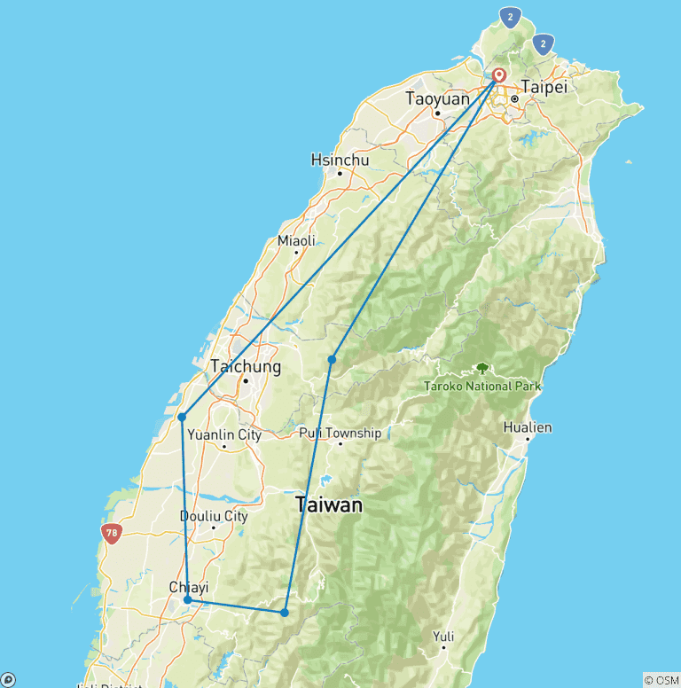Map of 3-day Classic Taiwan History and Nature Private Tour
