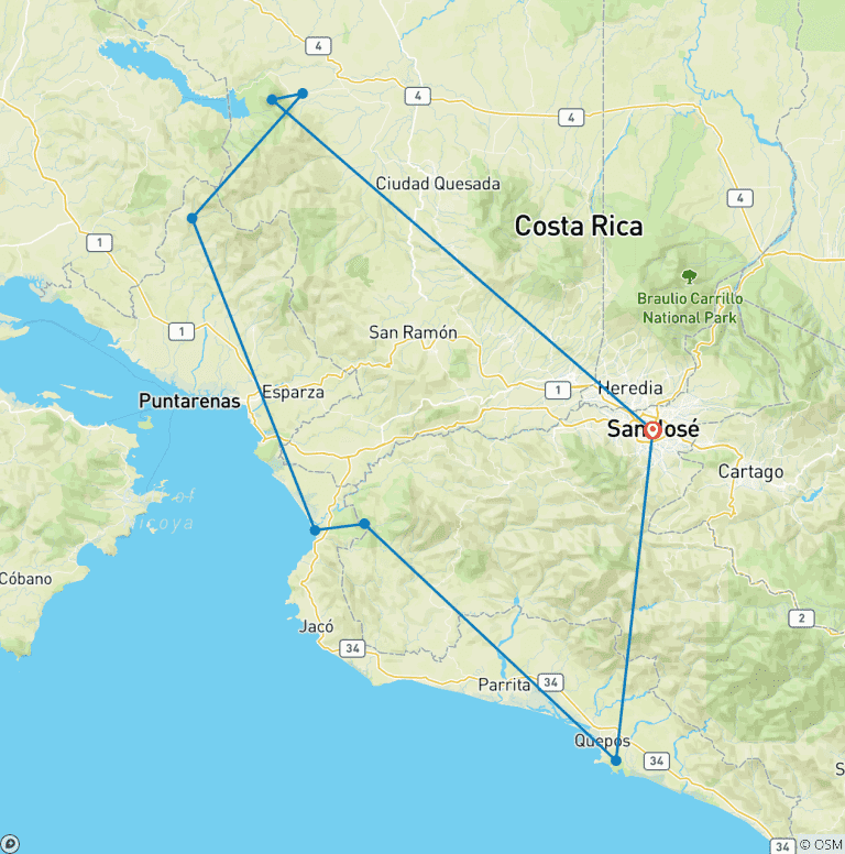 Map of Highlights of Costa Rica + Beach Extension