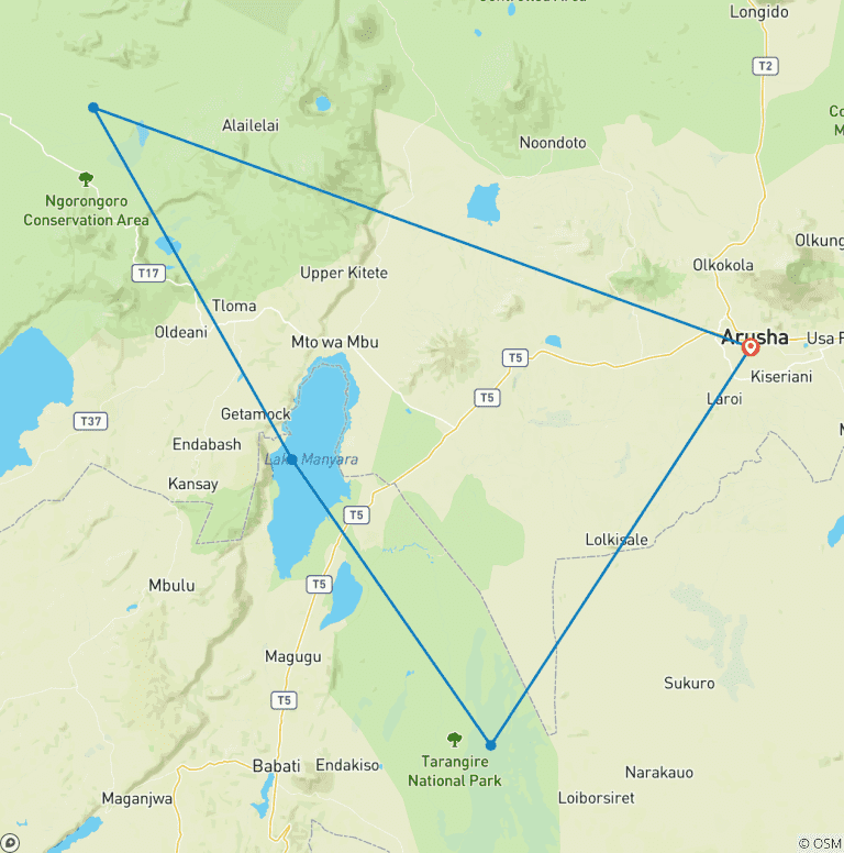 Map of 3  Days 2 Nights Safari Tarangire,Lake Manyara & Ngorongoro Crater