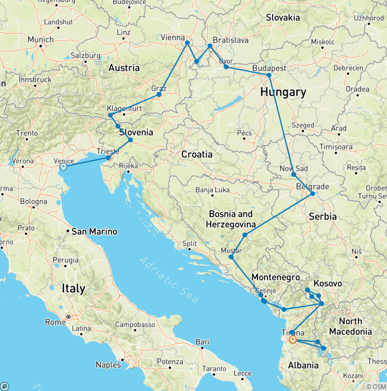 Map of Venice to Tirana; Semi-Private Tour of Central Europe & the Balkans