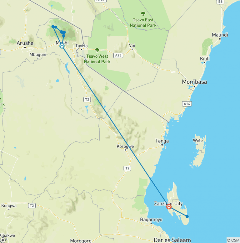 Map of Kilimanjaro - Lemosho Route & Zanzibar Adventure
