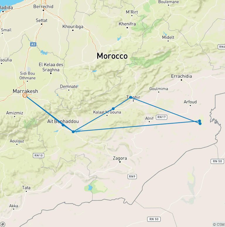 Map of 3-Day Desert Tour from Marrakech to Merzouga with Camel Ride