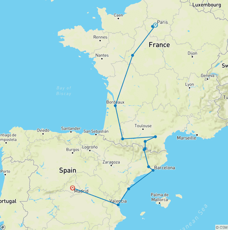 Map of Paris, Lourdes and Madrid