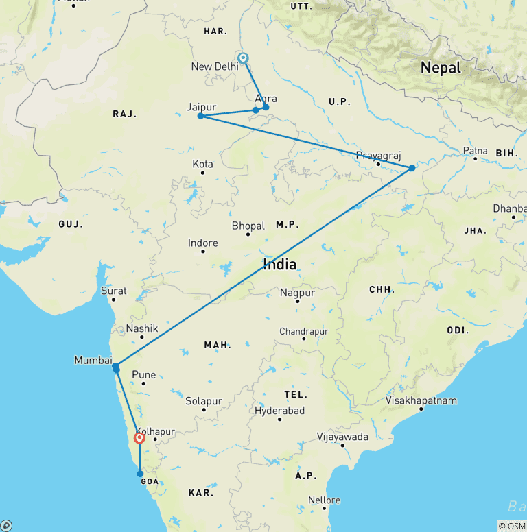 Map of Golden Triangle With Mumbai Goa & Varanasi