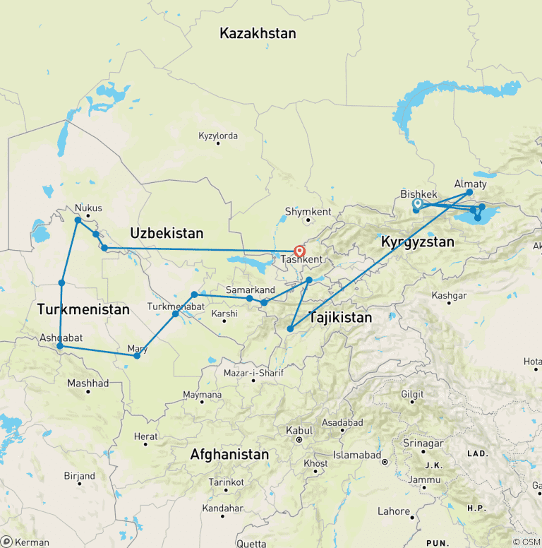Map of Central Asia Combined Silk Road Tour