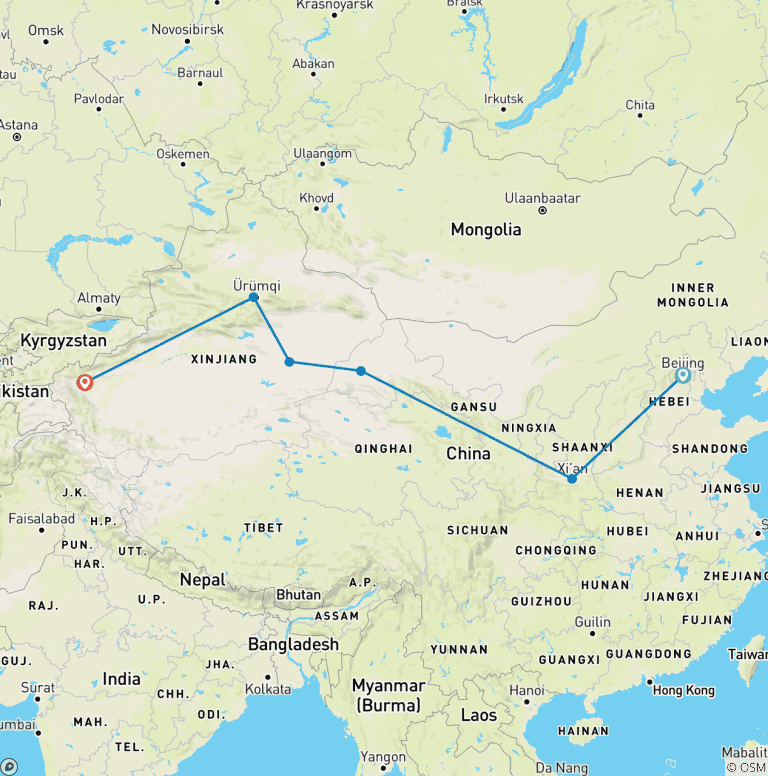 Map of Best of Silk Road 10Days: Beijing, Xian, Dunhuang, Turpan, Urumqi and Kashgar