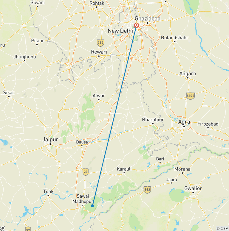 Map of Adventures Ranthambore Wildlife Safari Tour from Delhi with Safari Rides