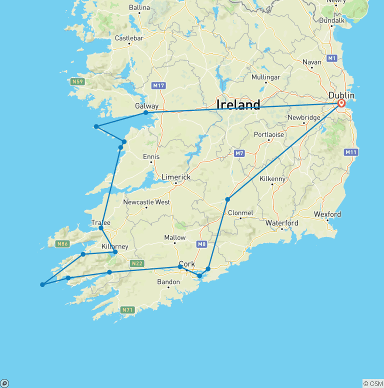 Map of 7-Day Ireland to Island Small Group Tour of Ireland