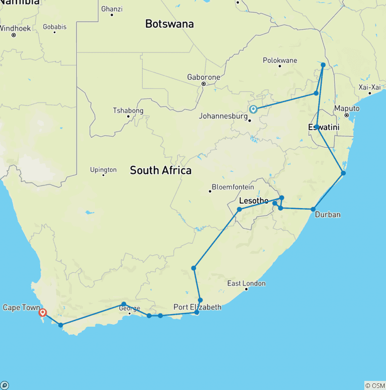 Map of 20-day South Africa, Lesotho & Eswatini Explorer (Accommodated)