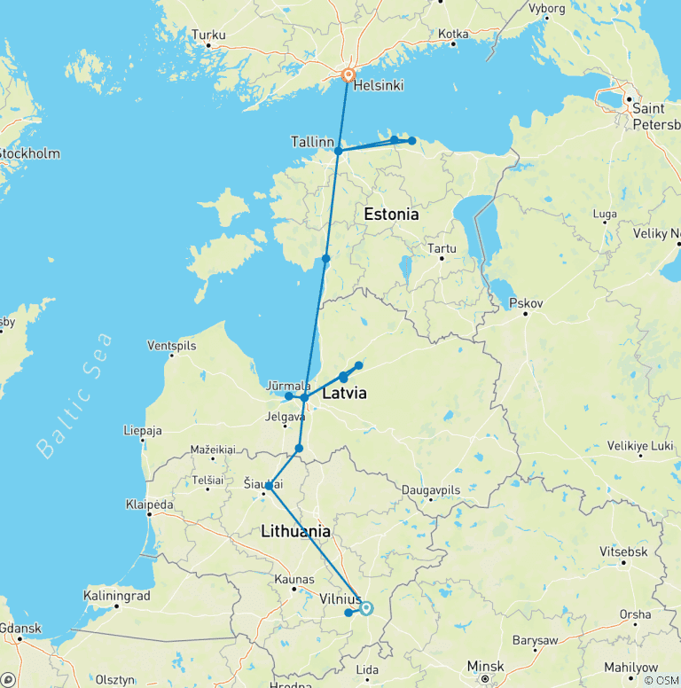 Map of Baltic Metropoles in 10 days (Vilnius - Riga - Tallinn - Helsinki)