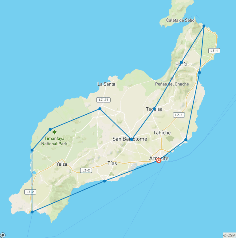 Map of Lanzarote, Land of Volcanoes Self-Guided Cycling Tour